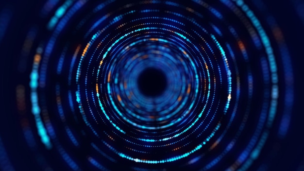 Technologie Drahtrahmenkreis-Tunnel auf dunklem Hintergrund Futuristisches 3D-Wurmloch-Gitter Digitale dynamische Wellen 3D-Rendering