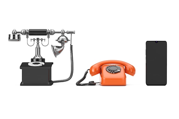 Technologie-Evolution-Konzept. Fortschritt vom Retro-Rotary-Phone zum Handy auf weißem Hintergrund. 3D-Rendering