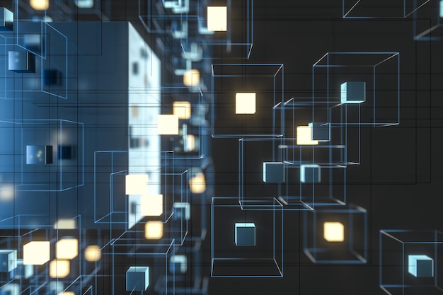 Technologie-Hintergrund-Make-up mit Würfeln und Linien 3D-Rendering Computer-digitale Zeichnung