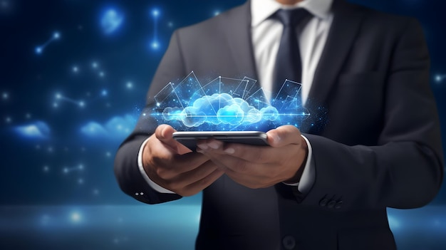 Technologie in der Hand Geschäftsmann mit Mobile und Cloud Computing