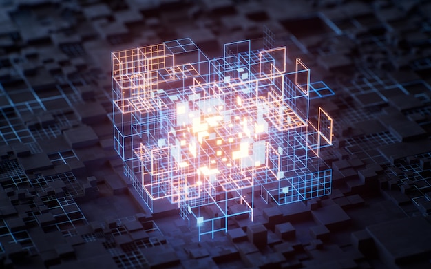 Technologie Leiterplatten und leuchtende Linien 3D-Rendering