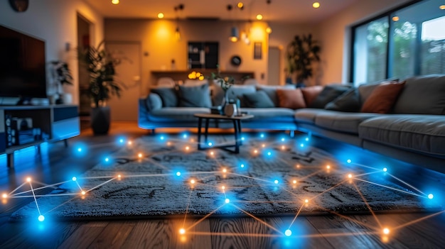 Foto technologie smart home mit verbundenen geräten und digitalen ikonen glühendes haus mit symbolik