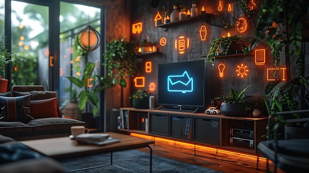 Foto technologie smart home mit verbundenen geräten und digitalen ikonen glühendes haus mit symbolik
