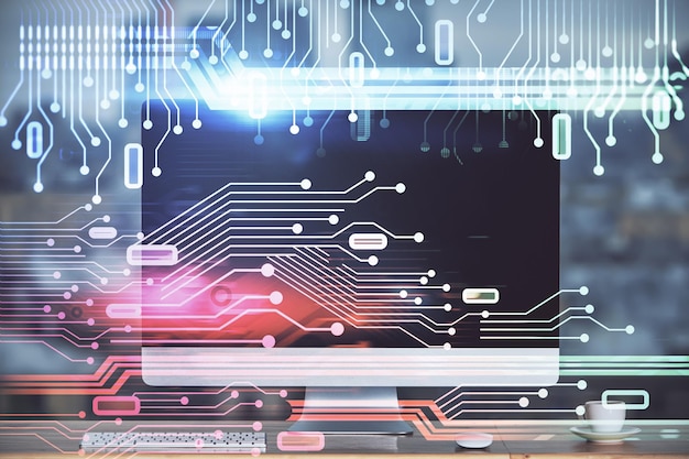 Technologie-Thema Zeichnung und Arbeitsraum mit Computer Mehrfachbelichtung Konzept der Innovation