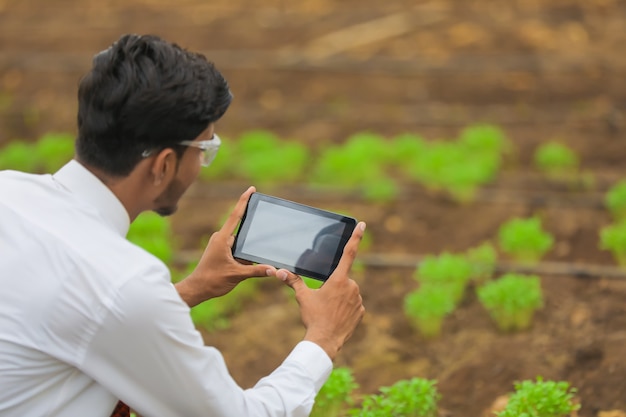 Technologie- und Personenkonzept, junger indischer Agronom, der Tablette oder Smartphone am Gewächshaus verwendet