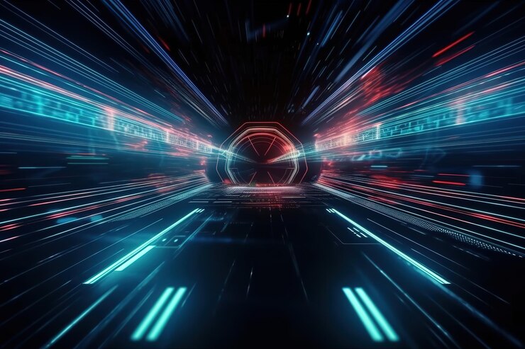 Technologiebildschirm mit abstrakter Hochgeschwindigkeitstechnologie POV-Bewegungsunschärfe Generative KI