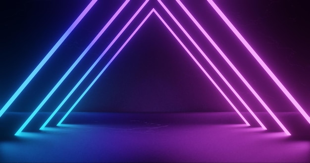 Technologische und futuristische abstrakte blaue und violette Neonformen auf schwarzem Hintergrund über reflektierendem Material mit leerem Platz für Text 3D-Illustrations-Rendering Kopieren Sie das Raumkonzept