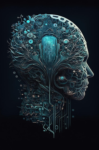 Technologisches Konzept eines futuristischen hochtechnologischen Kopfes und Gehirns mit künstlicher Intelligenz