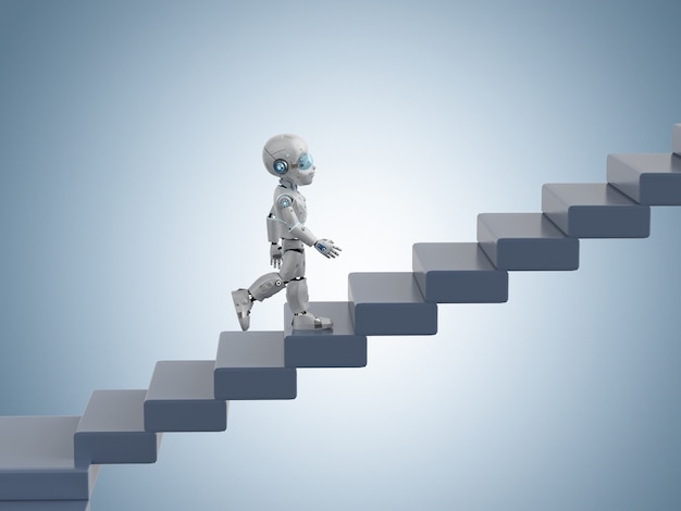 Technology development concept with 3d rendering robot climb or walk upÂ staircaseÂ 