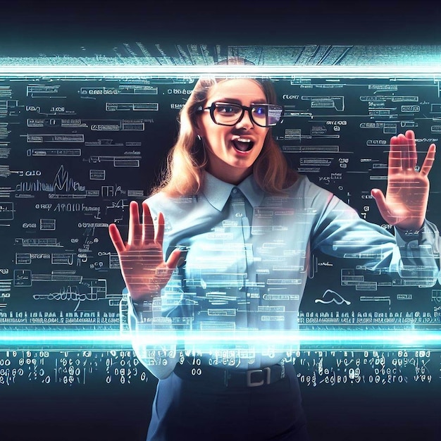 TechnoWonders Um retrato realista de uma mulher trabalhando com dados holográficos