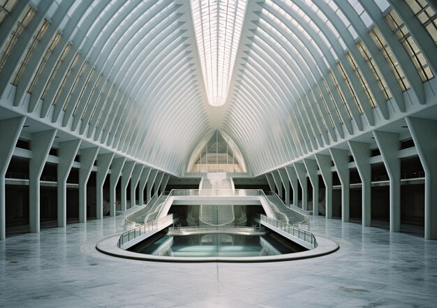 techo arafed con una fuente en un gran edificio ai generativo