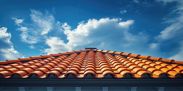 el techo de la casa cubierto con nuevas baldosas de arcilla cerámica naranja contra el fondo del cielo azul de primer plano