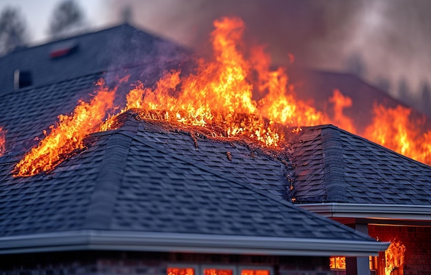 Foto el techo de una casa se ha incendiado.