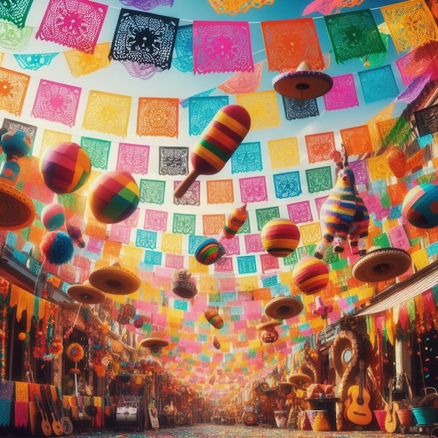 un techo colorido con muchas decoraciones y un sombrero en él