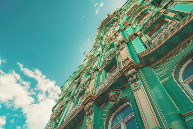 Techo de edificio verde esmeralda con cielo blanco y azul por encima