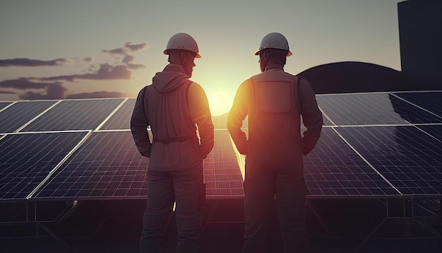 En el techo, un ingeniero de sonrisa de cuerpo completo verifica el funcionamiento del sol y la limpieza de los paneles solares fotovoltaicos AI Generative