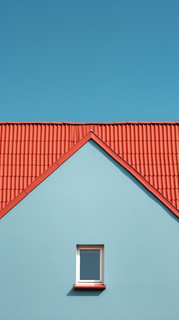 un techo rojo con una ventana y una pared azul