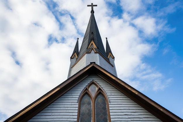 El techo de una sinagoga cerca del campanario de una iglesia vista desde un ángulo bajo