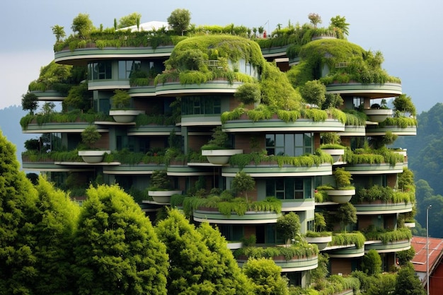 El techo verde de un edificio está cubierto de plantas.