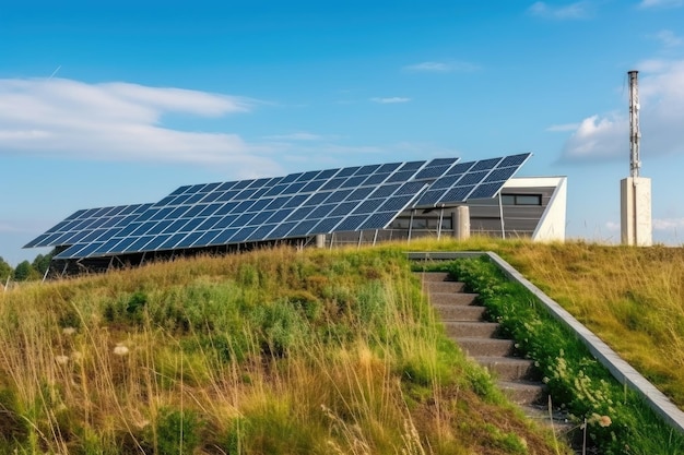 Techo verde de paneles solares y aerogeneradores en un edificio sostenible creado con IA generativa