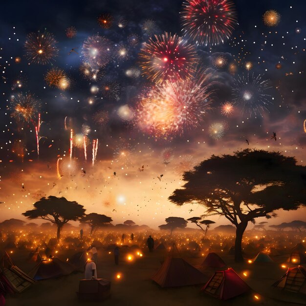 Foto los techos de las tiendas de campaña y las personas que ven los fuegos artificiales muestran la diversión y las festividades de año nuevo