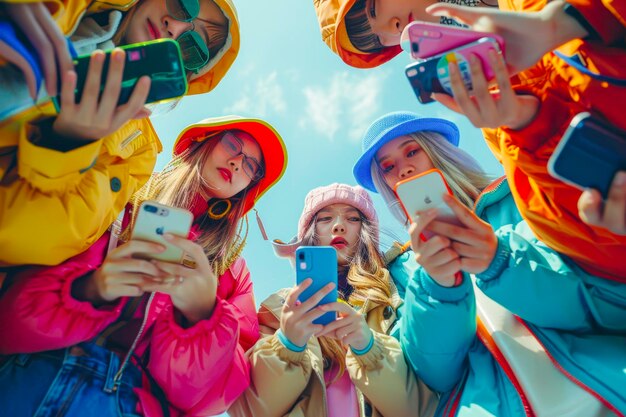 Foto techsavvy teens eine farbenfrohe gruppe von freunden, die sich in smartphone-bildschirme vertieft haben, die technologie umarmt, sozialisierung und freundschaft