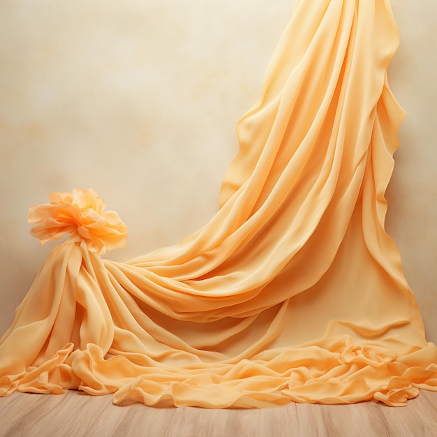Foto tecido amarelo drapeado em um chão de madeira com uma flor no meio generativo ai