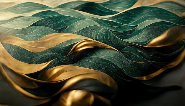 Tecido amassado em renderização 3D verde e dourado