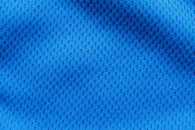 Tecido azul para roupas esportivas, camisa de futebol, textura, close-up