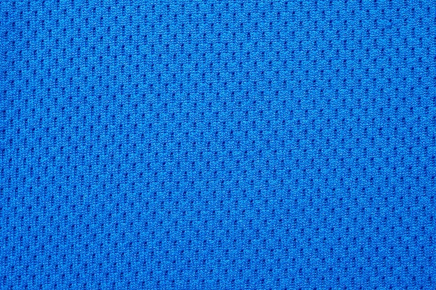 Tecido azul para roupas esportivas, camisa de futebol, textura de jersey close-up