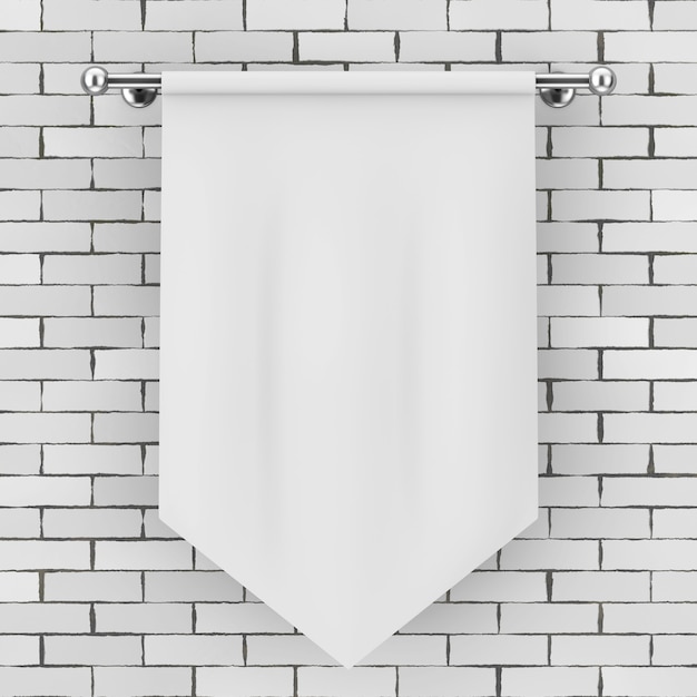 Foto tecido branco em branco bandeira maquete na frente da parede de tijolos. renderização 3d