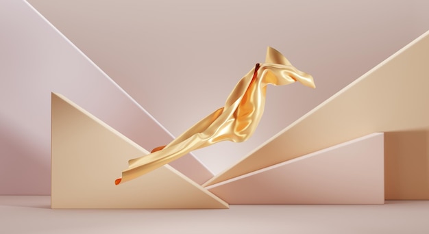 Tecido de seda dourado voador na parede pastel geométrica abstrata de fundo Pano ou cortina de cetim brilhante ondulante no vento soprando para cerimônia de premiação ou exibição de luxo de produto Ilustração 3d realista