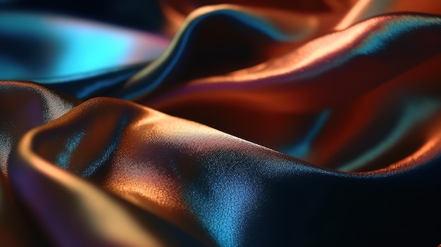 Tecido de seda ouro rosa azul em fundo abstrato brilhante ondulado IA generativa
