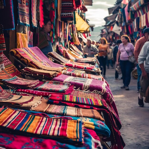 Foto tecidos tradicionais peruanos coloridos no mercado