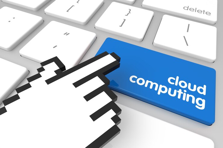 Foto tecla enter de blue cloud computing con cursor de mano. representación 3d