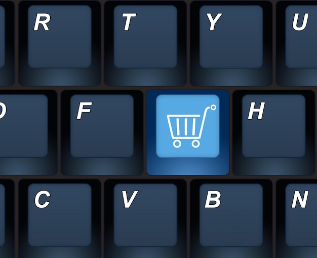 Un teclado azul con un carrito de compras en el medio