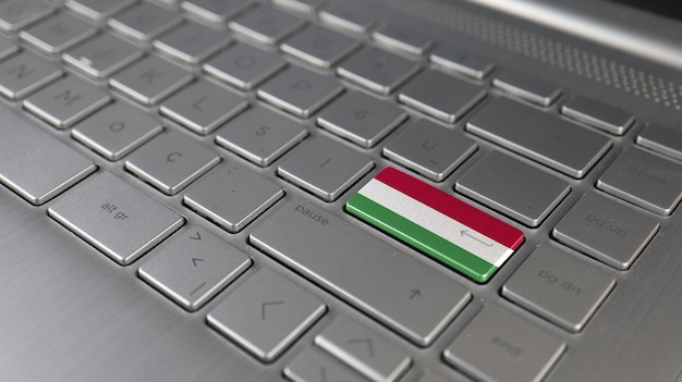 El teclado con la bandera de Hungría en el botón de entrada representa el lenguaje de aprendizaje de ataque cibernético