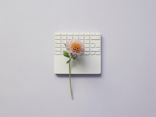 Un teclado blanco con una flor