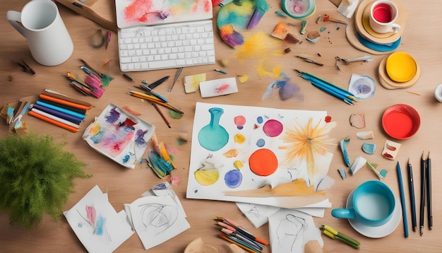 un teclado blanco se sienta en una mesa con una pintura colorida en él