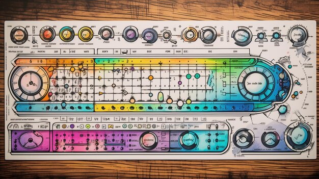 Un teclado con los colores del arco iris y un teclado sobre una mesa de madera.