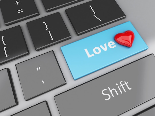 Teclado de computadora 3d con el botón y el corazón del amor.