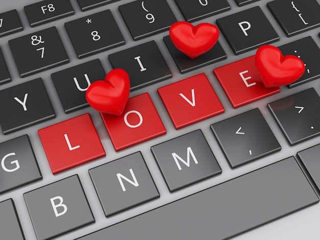 Teclado de computadora 3d con los botones y el corazón del amor.