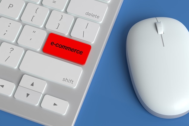 Teclado de computadora con el ícono de "comercio electrónico" en una tecla al lado de un mouse.