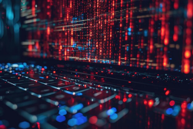 Un teclado de computadora iluminado con luces rojas y azules Imagen conceptual de una violación de datos generada por IA