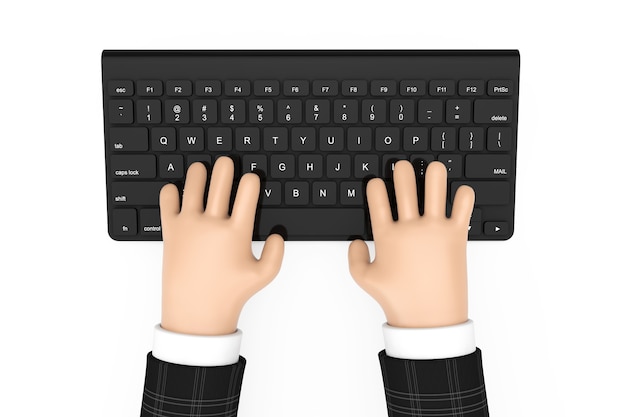 Teclado de computadora moderno negro con manos de persona de dibujos animados sobre un fondo blanco. representación 3d | Foto Premium Teclado de computadora moderno negro con manos de persona de dibujos animados sobre un fondo blanco. representación 3d | Foto Premium