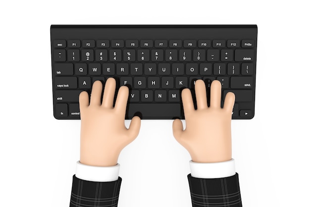 Teclado de computadora moderno negro con manos de persona de dibujos animados sobre un fondo blanco. Representación 3D