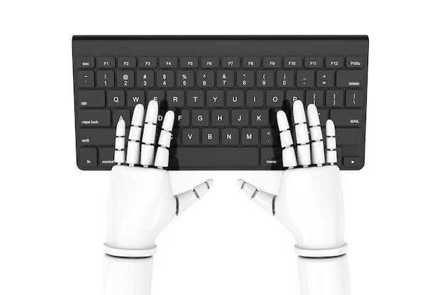 Foto teclado de computadora moderno negro con manos de robot sobre un fondo blanco. representación 3d