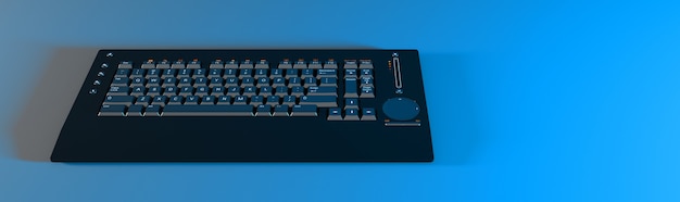 Teclado de computadora negro con iluminación de neón azul, ilustración 3d