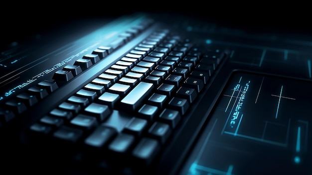 Un teclado de computadora negro con luces azules en primer plano o vista macro