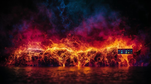 un teclado de computadora sentado encima de un escritorio cubierto de fuego